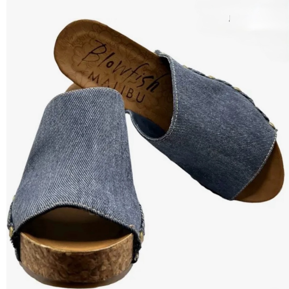 Blowfish Malibu Denim Studd Peep Toe Cork Heel Platform Slip On ClogsSZ.7.5